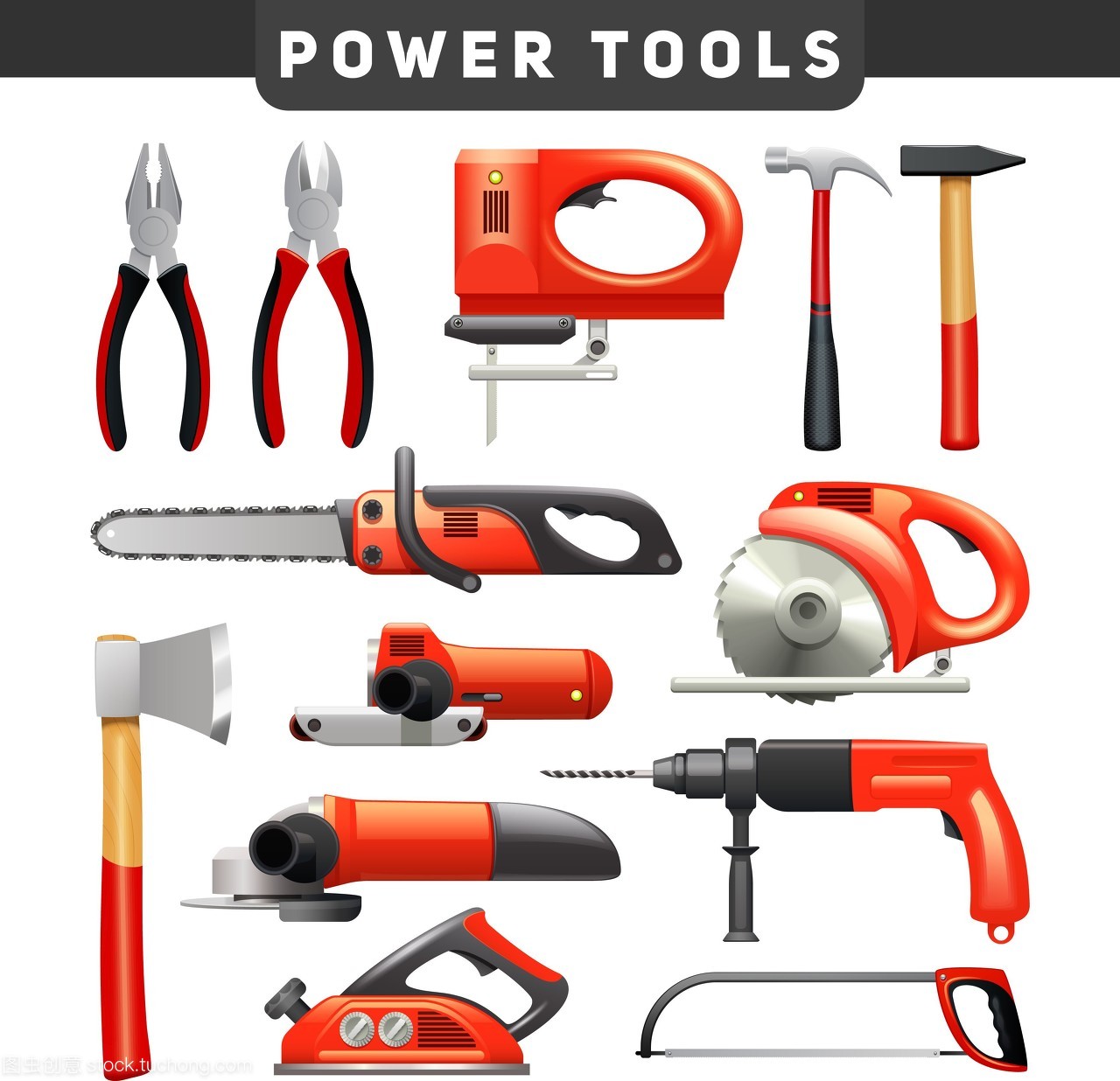 電動工具紅色黑色象形圖系列 木工工具矢量圖鑒